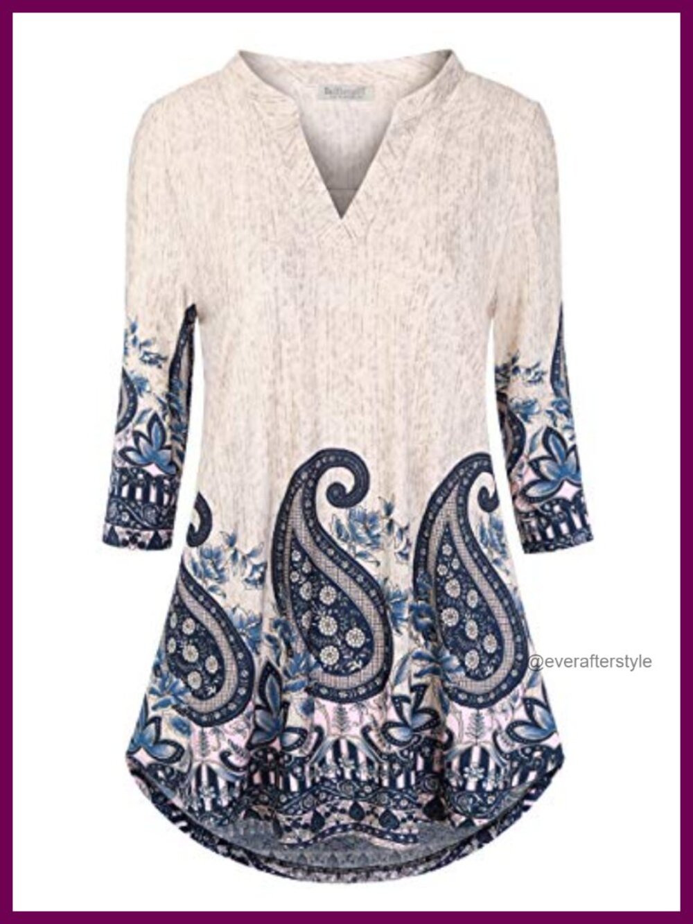 Women's 3/4 Sleeve Floral Tunic Top Notch V Neck Work Blouse Loose Fit